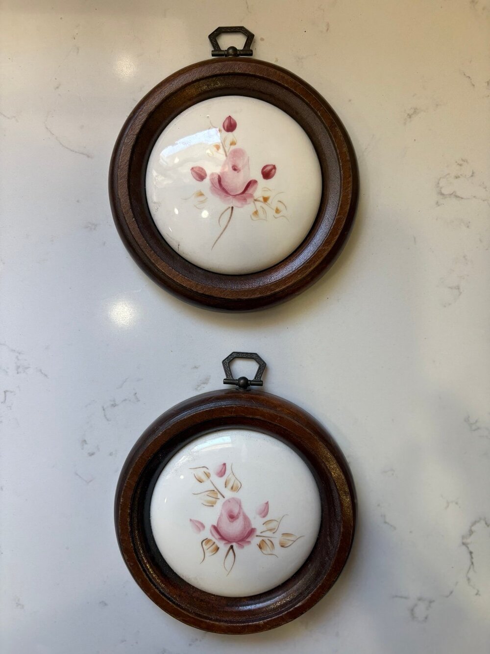 (2) Homco Lasting Products Inc Ceramic Pink Rose Wood Trim 5" Wall Hangers